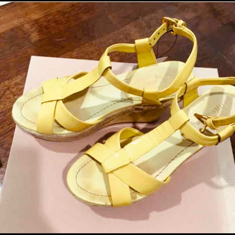 Mui Mui Vintage Yellow Pattern Leather Wedge Sandals Made In Italy Size 37